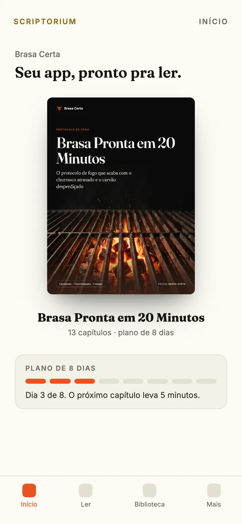 Capa do app: o ebook Brasa Pronta em 20 Minutos aberto na tela Início, com o plano de 8 dias
